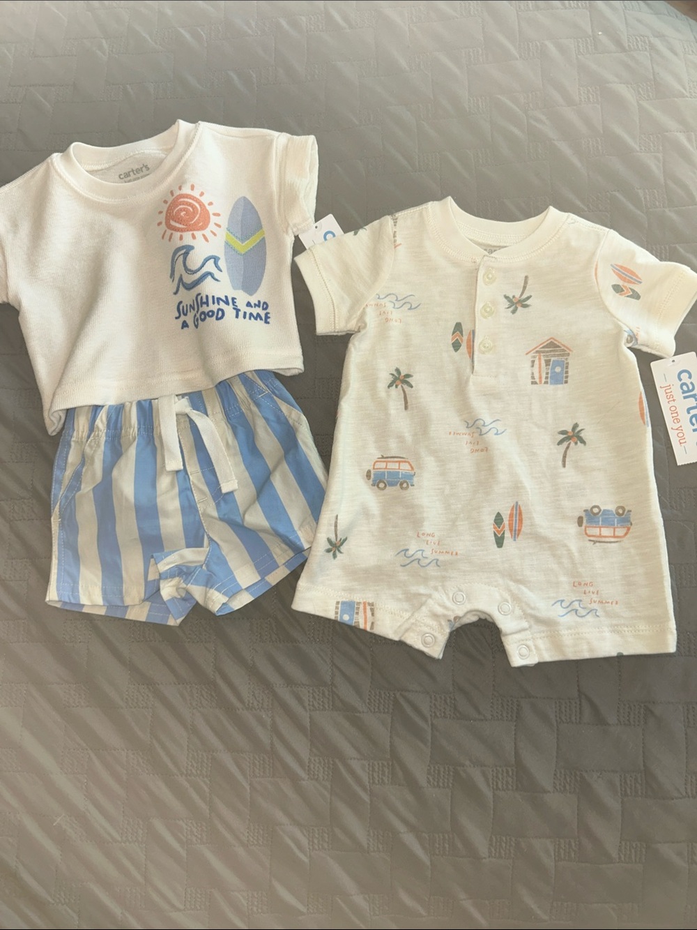 Carter's Cream Tee & Blue-White Striped Shorts Set